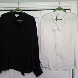 Unique Vintage Lot of 2 Button-up Bow Neck Tie Gwen Blouses 1X/16 Black & White
